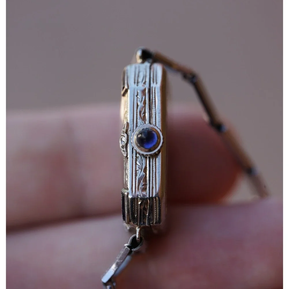 Antique Art Deco 18K Solid Gold Platinum Man Made Sapphire Natural Diamond Watch